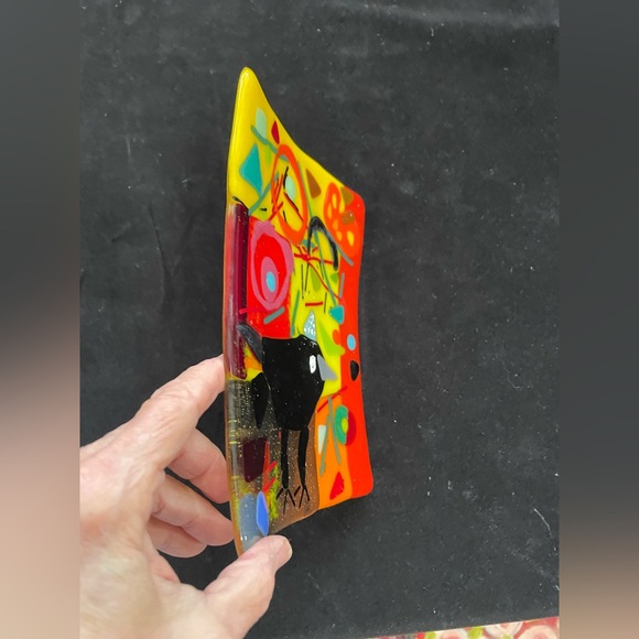 “Choose Joy”Fused Art Glass With Crow Handmade Rectangular Tray 8”x6”Original - Picture 5 of 9